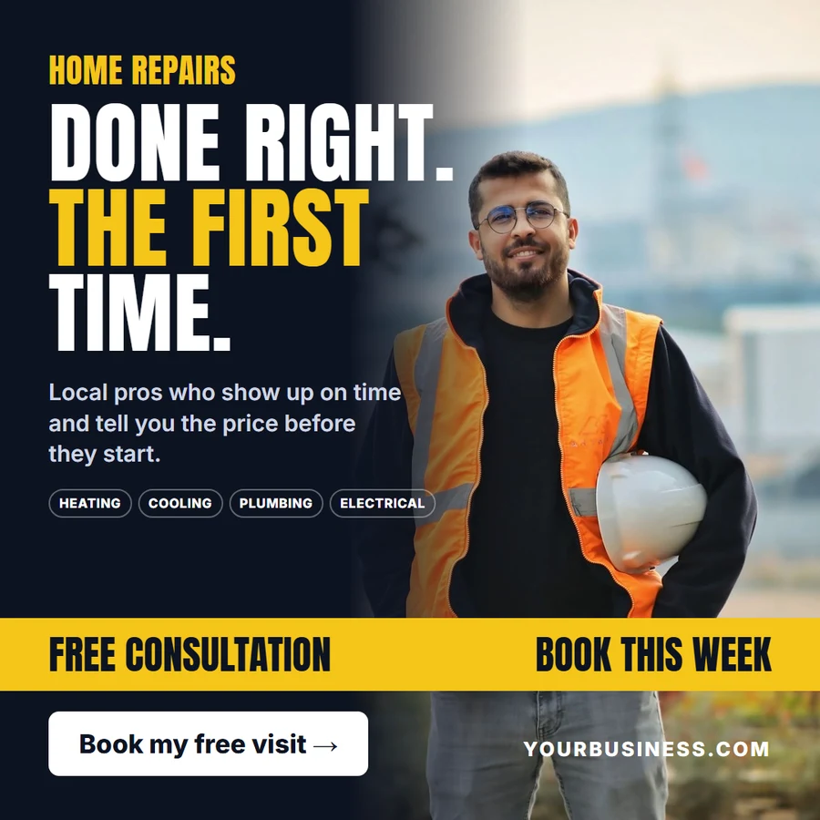 Ad: home repairs done right the first time, free consultation, book this week