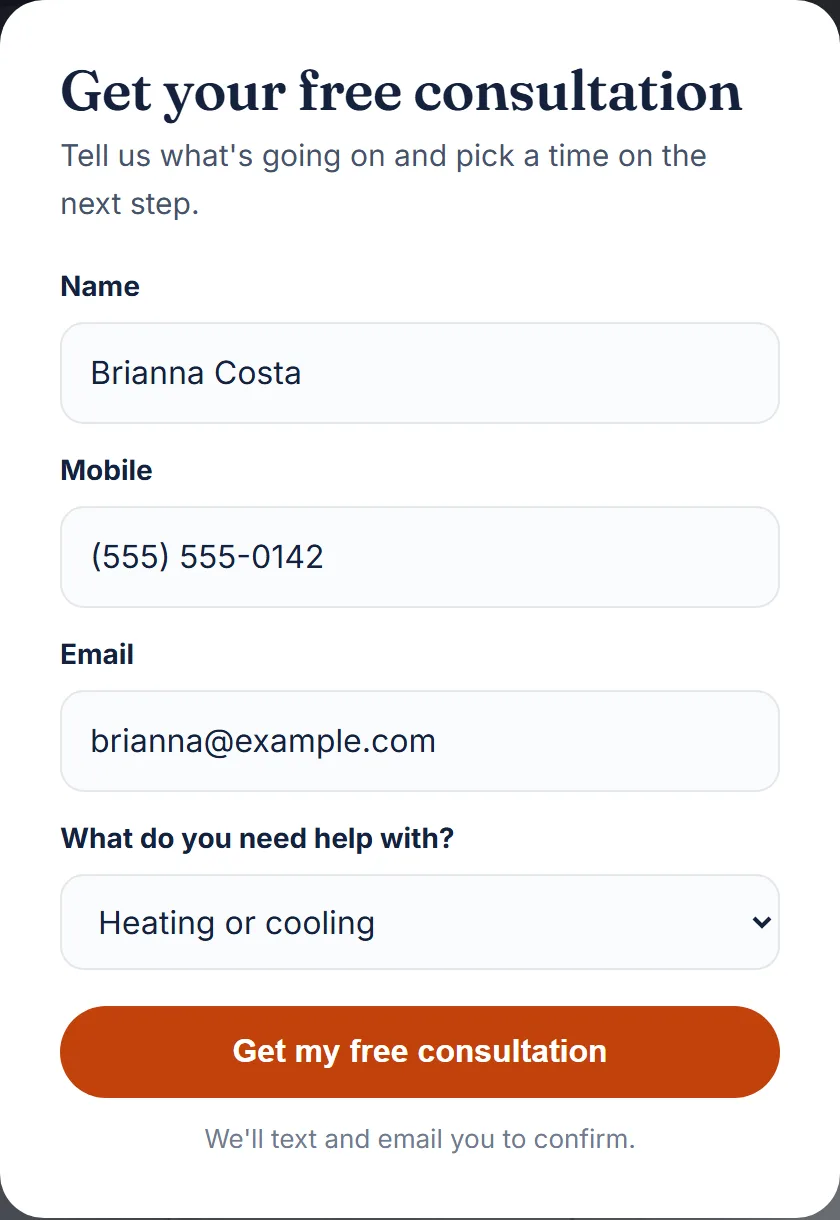 A free consultation form on a website