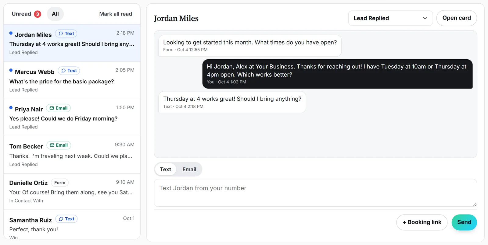 Your inbox with text and email conversations from sample leads